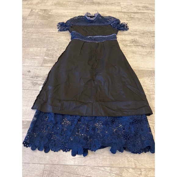 FEW MODA New York Navy Blue Lace Tiered Midi Dress Short Sleeve Mock Neck XL - Picture 9 of 11